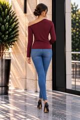 Kadın Tek Omuzdan Açık Kolları Uzun Taşlı ve Tül Detaylı Dalgıç Bluz