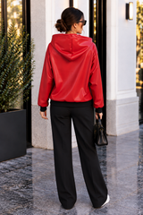 Kadın Kapüşonlu Kanguru Cepli Şardonlu Deri Sweatshirt
