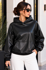 Kadın Kapüşonlu Kanguru Cepli Şardonlu Deri Sweatshirt