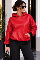 Kadın Kapüşonlu Kanguru Cepli Şardonlu Deri Sweatshirt